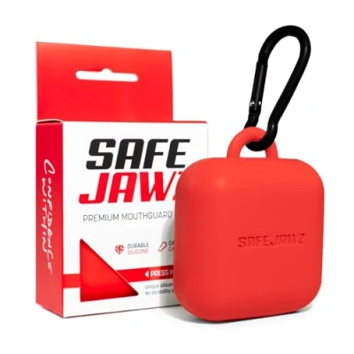 Imagen de Estuche protector bucal SAFEJAWZ Premium con mosquetón. Diseño de silicona flexible y duradero único para mantener los protectores goma protegidos, seguros limpios. Rojo, talla única.