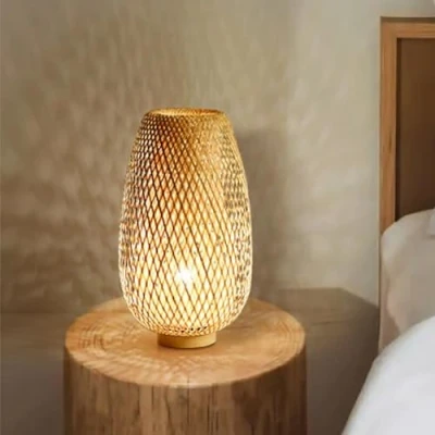 Imagen de GUANSHAN Lámpara de mesa tejida bambú Pantalla Iluminación estilo Zen decorativa Luz noche para dormitorio y sala estar