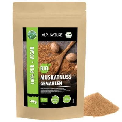 Imagen de nuez moscada orgánica molida (500g), molida, en polvo de cultivo orgánico, probada laboratorio, 100% pura y natural