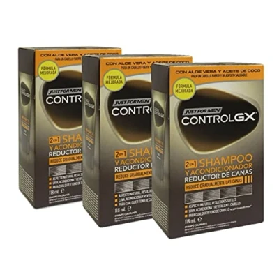 Imagen de Just for men Control GX Grey Reducing 2 en 1 Champú y acondicionador para cabello gris, nueva fórmula mejorada, todos los tonos, 118 ml x 3 uds Pack Promoo
