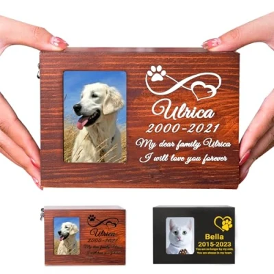Imagen de Buaodam Urna Cenizas Perro Personalizadas, para con Grabado Nombre, Fecha y Texto, Ranura Fotos, Caja de Madera Recuerdo Mascotas Personalizada Perro, Gato (Impresión)