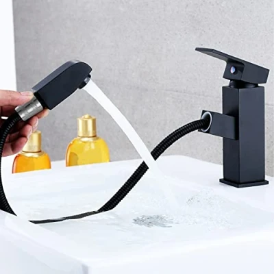 Imagen de grifo lavabo negro extraible extensible acero inoxidable monomando agua fria y caliente 2 mangueras incluidas baño mate de
