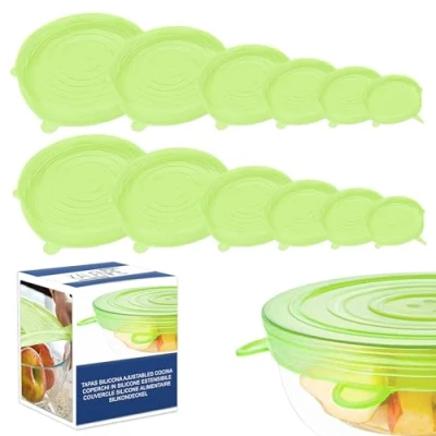 Imagen de Tapas Silicona Ajustables Cocina 12 piezas Reutilizables Sin BPA y Ecologicas Resistentes a Altas Bajas Temperaturas Apta para Lavavajillas Compatibles con todo tipo de recipientes verde