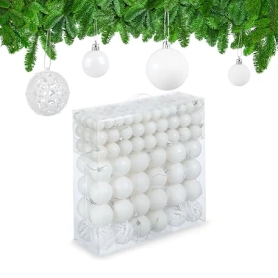 Imagen de Relaxdays Juego Bolas Árbol Navidad, Decoración Navideña Mate, con Brillantina, Relucientes, de 3, 4 y 6 cm Ø, Blanco, 150 Unidades