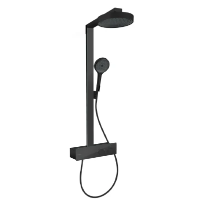 Imagen de hansgrohe Rainfinity, sistema de ducha con termostato, lluvia (250 mm) grifo, mano (3 tipos chorro), flexo, barra, fija redondo (1 tipo negro mate
