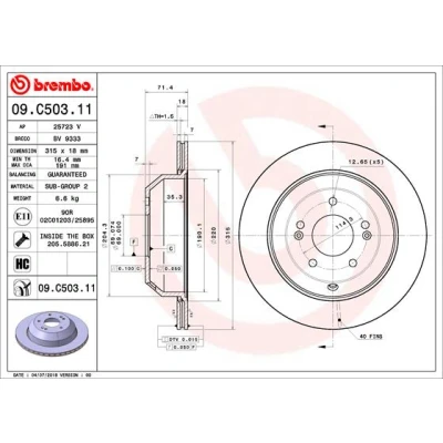 Imagen de BREMBO 09.C503.11 Disco de freno 315 18 5 ventilación interna revestido altamente carbonizado con tornillos KIA: SORENTO 3
