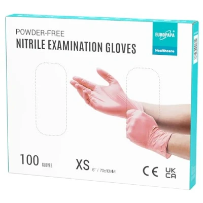 Imagen de EUROPAPA 100 guantes de nitrilo desechables, examen, nitrilo, sin polvo, látex, no estériles, látex (XS, rosa)