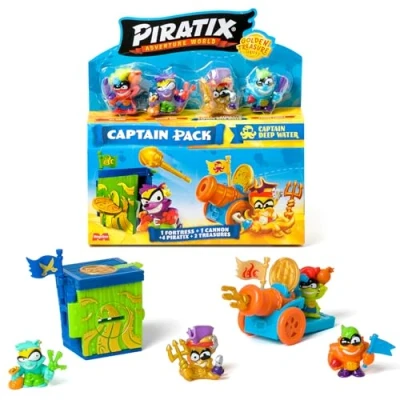 Imagen de PIRATIX Golden Treasure Series Captain Pack Deep Water.Incluye 4 Piratix; 1 capitán Dorado y Pirata Sorpresa, Accesorios, Fortaleza, cañón, 2 Tesoros exclusivos Banderas. Paquete de 6