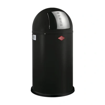 Imagen de WESCO Pushboy Cubo de basura en color negro mate, chapa acero con recubrimiento polvo, 50 litros volumen, gran tapa inoxidable, recipiente interior extraíble