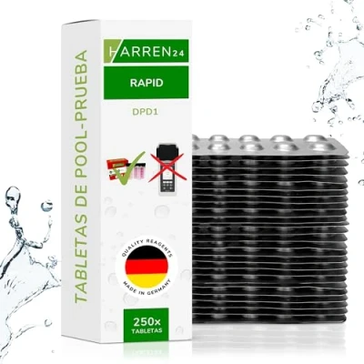 Imagen de harren24 Pastillas de prueba (Rapid) DPD 1 Cloro, DPD4 Oxígeno Activo, Alcalinidad M, CYA, Rojo Fenol Valor en pH Comprobador agua piscina 50, 100, 250, 500x (DPD1 / 250 Pastillas)