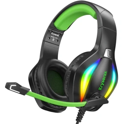Imagen de Krysenix PG1 Auriculares Gaming para PS4/PC/Nintendo Switch/Xbox, Cascos PS5 con Micrófono, Cancelación de Ruido, Xbox One Conector 3.5 mm y luz RGB, Negro/Verde