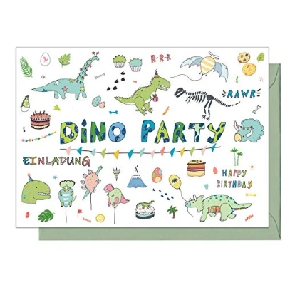 Imagen de 15 tarjetas de invitación para cumpleaños infantiles: &quot;Dinosaurio Party&quot;, invitaciones niños y niñas (15 con sobres a juego)