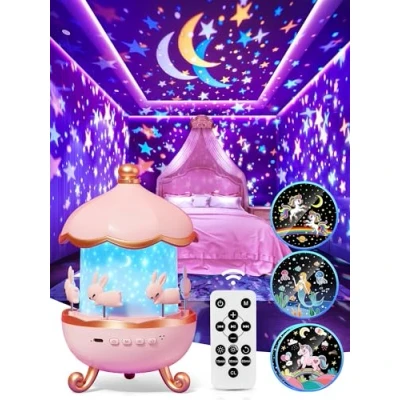 Imagen de One Fire Proyector Bebes,8 Música para Dormir Luz Nocturna, 360Rotación Lampara Estrellas Control Remoto Bebe Noche, Infantil Regalos [Control + Caja de Regalo]