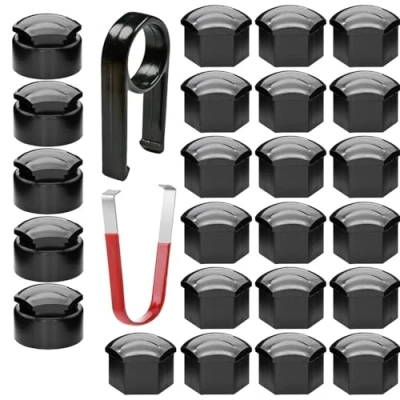 Imagen de Gebildet 24pcs tapas de tuerca Rueda 17mm(5 perno antirrobo+19 normales) Cubiertas Hexagonales para Tuercas Neumáticos con juego Herramientas Extracción(negro)