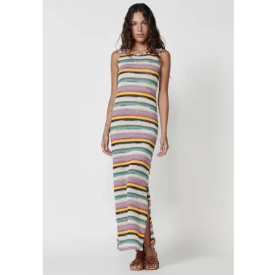 Imagen de Vestido Largo de Punto con Cuello Redondo, Tirantes Anchos y Abertura Lateral, Forro Ligero Rayas Multicolor