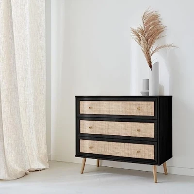 Imagen de Alice&#039;s Home sweeek Cómoda Negra de Madera y caña 90x39x79cm Bohème 3 cajones
