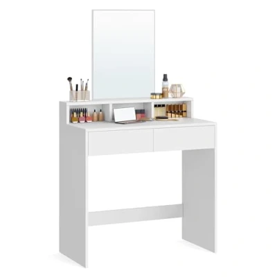 Imagen de VASAGLE Tocador, Mesa de Maquillaje con Espejo Grande, Gabinete 2 Cajones y 3 Compartimentos, Estilo Moderno, Blanco RDT113W01