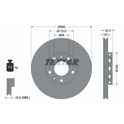 Imagen de TEXTAR 92152203 Disco de freno 280 22 05/07 112 ventilación externa revestido sin perno sujeción rueda, buje rueda AUDI: A8 D3