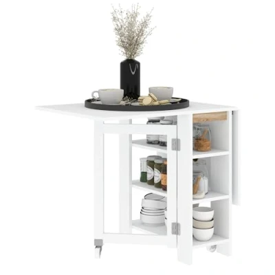 Imagen de HOMCOM Mesa Plegable con Alas Abatibles de Comedor Cocina 2 Ruedas y Estantes Estilo Moderno 120x60x75 cm Blanco