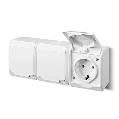 Imagen de EPN Toma de corriente con tapa (para zonas húmedas, IP 44, 16 A, 250 V, montaje en pared, 3 enchufes), color blanco