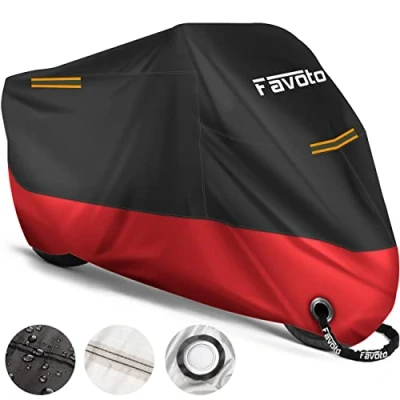 Imagen de Favoto Funda para Moto Cubierta de 210D Impermeable Protectora con Banda Reflectante a Prueba Sol Lluvia Polvo Viento Nieve Excremento Pájaro al Aire Libre, 220x105x125cm Negro+Azul