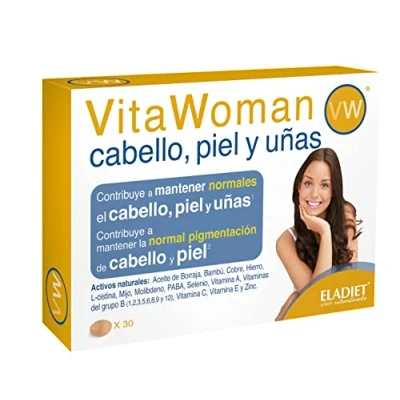 Imagen de Eladiet Complemento Alimenticio VitaWoman 30 Comprimidos Contribuye a Mantener el Cabello, Piel y Uñas Contiene Extractos de Bambú, Mijo, Vitaminas Minerales