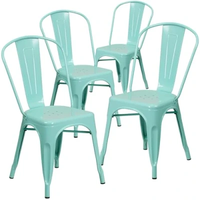 Imagen de Flash Furniture Silla apilable Blake de Calidad Comercial, Paquete 4 Unidades, Metal Verde Menta, para Interiores y Exteriores