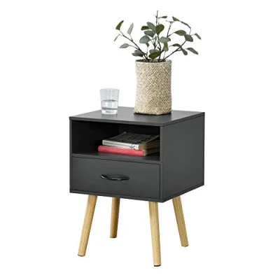 Imagen de [en.casa] Mesa Auxiliar Gävle Elegante Mesilla de Noche con Cajón y un Compartimento Abierto para Dormitorio Salón Aglomerado 57 x 42 40 cm Gris Oscuro