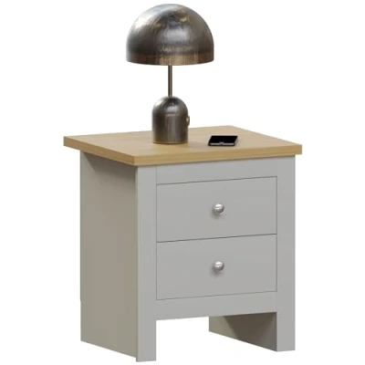 Imagen de Vida Designs Arlington Mesita de Noche con 2 cajones, Madera ingeniería, Gris, H 51 x W 45 D 40 Cm