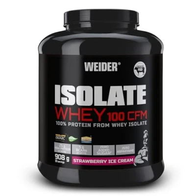 Imagen de Weider, Isolate Whey 100CFM, 100% Aislado de Proteina Suero, Alta Pureza y Cero Azúcar Aspartamo, Sabor Helado Frambuesa, Bote con 908 g