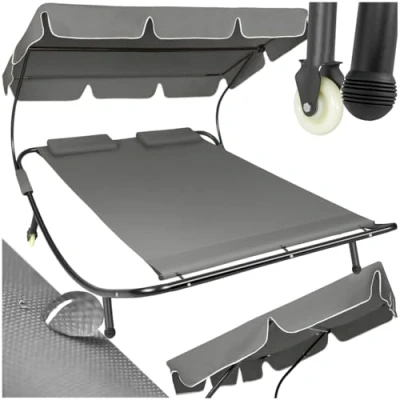 Imagen de TecTake® Tumbona Doble de Jardín, Playa con Parasol Plegable, Piscina para Dos, Jardín Exterior 2 Ruedas y Cojines, Fácil Montaje, Interior Negro