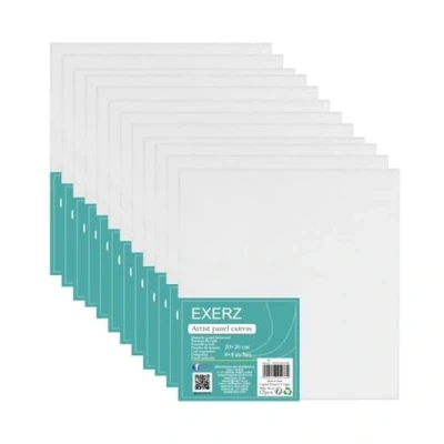 Imagen de Exerz 20x20cm Paneles de Lienzos 12 piezas para pintar cuadros 280GSM / 0,3 cm Espesor 100% Algodón/Blanco/Triple Preparado/Libre Acido/Hebra Media acrílicos &amp; óleo