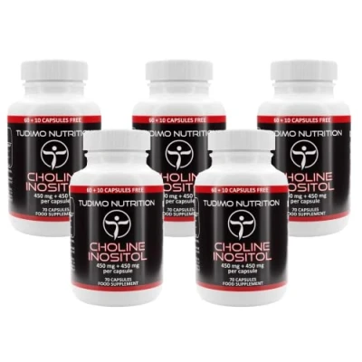 Imagen de (5 Unidad) Colina Inositol Capsulas 900mg (450mg + 450mg) Suplemento 70 Cápsulas (2 Meses de Provision) Desintegración Rápida, con 450 mg Bitartrato y Polvo
