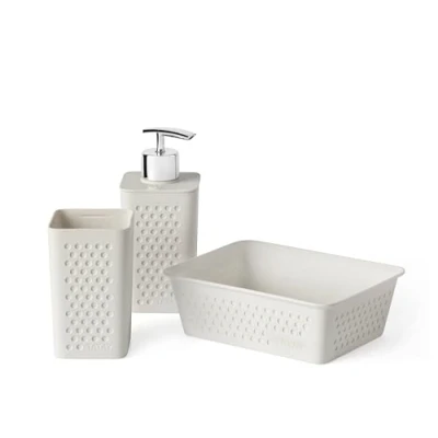Imagen de TATAY Set de 3pcs Sobremesa baño (Vaso + Dosificador Organizador A6) Bohol, Polipropileno, Libre BPA, Plástico 100% Reciclado, Blanco