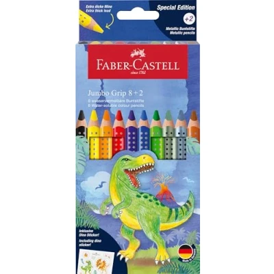 Imagen de Faber Castell 110922 Estuche de 10 Lápices Colores Jumbo Dino Incl. 2 Metálicos + Pegatinas Dinosaurios