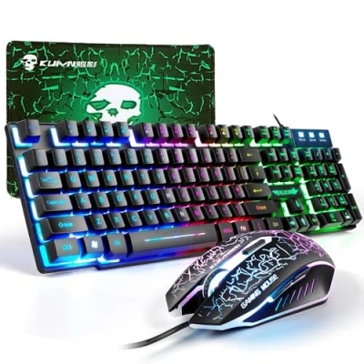 Imagen de Teclado y Ratón Gaming, 104 Teclas Retroiluminación del Arco Iris LED QWERTY Teclado, 4 Botones 2400 dpi Alfombrilla de Ratón, Cable USB Compatible con PS4, Xbox(Necesita Adaptador) Negro