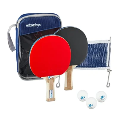 Imagen de Relaxdays Set Ping Pong con Red, 2 Palas Tenis de Mesa y 3 Bolas pimpón, Conjunto Pelotas Paletas Bolsa, Azul, Unisex Youth, 27 x 150 5 cm
