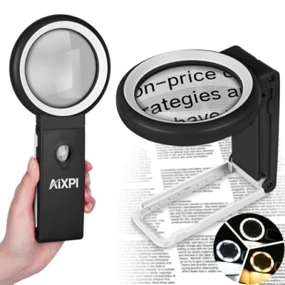 Imagen de lupa de 30 x 40 con luz y soporte, mano grande 18 luces LED iluminadas para degeneración macular, lectura personas mayores, pasatiempos, monedas, joyas (blanco negro)