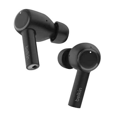 Imagen de Belkin auriculares con cancelación del ruido SoundForm Pulse, estuche de carga inalámbrica y tres micrófonos por auricular, grado IPX5 resistencia al agua, iPhone teléfonos Samsung negros