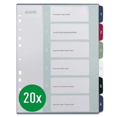 Imagen de Leitz Separadores A4, 20 unidades, 1 6, 6 separadores, portada rotulable, extraancha, polipropileno, estilo, multicolor, 12360000