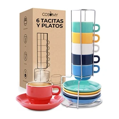 Imagen de Cosumy Set de 6 Tazas Espresso con Soporte Platos Incluidos Apilables Aptas para Lavavajillas Cerámica Colores 75ml
