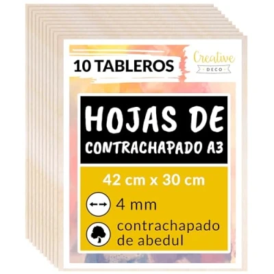 Imagen de Creative DECO 10 x A3 Tablero Madera Manualidades Contrachapado 420 300 4 mm (+/ 0.5mm) Chapa Maciza Abedul Maderas para Bricolaje Material de Construcción