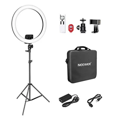 Imagen de NEEWER 18 inch Aro de Luz LED Avanzado Soporte Control Táctil Manual con Pantalla LED, Remoto 2,4G y Múltiples Luces, 3200 5600K, para Maquillaje YouTube Video Blogger Salon (Negro)