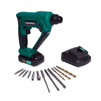 Imagen de VONROC Martillo rotativo inalámbrico VPower 20V Incluye batería y cargador de 2.0Ah 1.3 Joule SDS plus accesorios bolsa herramientas