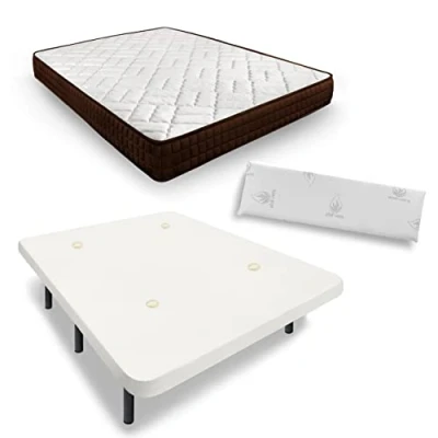 Imagen de HOGAR24 ES Cama Completa, Colchón Viscosoft Dream Flex 18 + Base Tapizada Color Blanco con Tejido Transpirable y 6 Patas 32 cm Almohada Viscoelastica 100%, Medida: 135x190