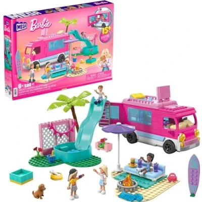 Imagen de Mega Construx Barbie Aventuras en la Autocaravana con Bloques de construcción, Mini muñecas y Accesorios, Juguete +5 años (Mattel HPN80)