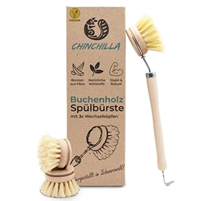 Imagen de Chinchilla® cepillo de fregadero madera haya cocina sostenible con cerdas fibra natural incluye tres cabezales intercambiables sin plástico y duradero
