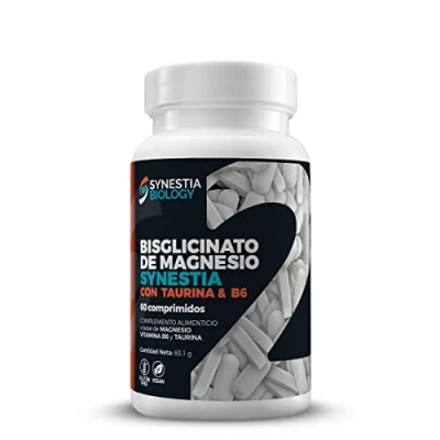 Imagen de Bisglicinato de Magnesio Synestia con taurina y vitamina B6, suministro 1 a 2 meses, 60 comprimidos 1385 mg, vegano sin gluten