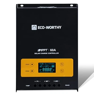 Imagen de ECO WORTHY Regulador de Carga Solar MPPT 60A, 12/24/36/48 V CC, Pantalla Digital OLCD, Sensor Temperatura y Base Montaje, para Bateria Litio/Gel