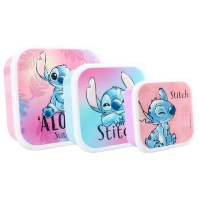 Imagen de Disney Lilo &amp; Stitch Aloha Juego para aperitivos (3 en 1) niños 3 recipientes Porta merienda encajables escuela guardería deporte